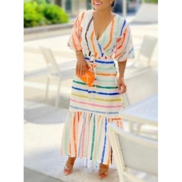 L'ATISTE Dresses & Skirts - Striped Maxi Wrap Dress With V-Neck Short Sleeves Tie Waist & Ruffle Hem